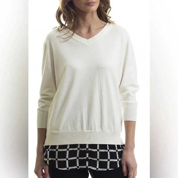 Vecceli Italy Tops - NWT Vecceli Italy White V Neck Layered Faux Checkered Shirt Hem Sweater, size S